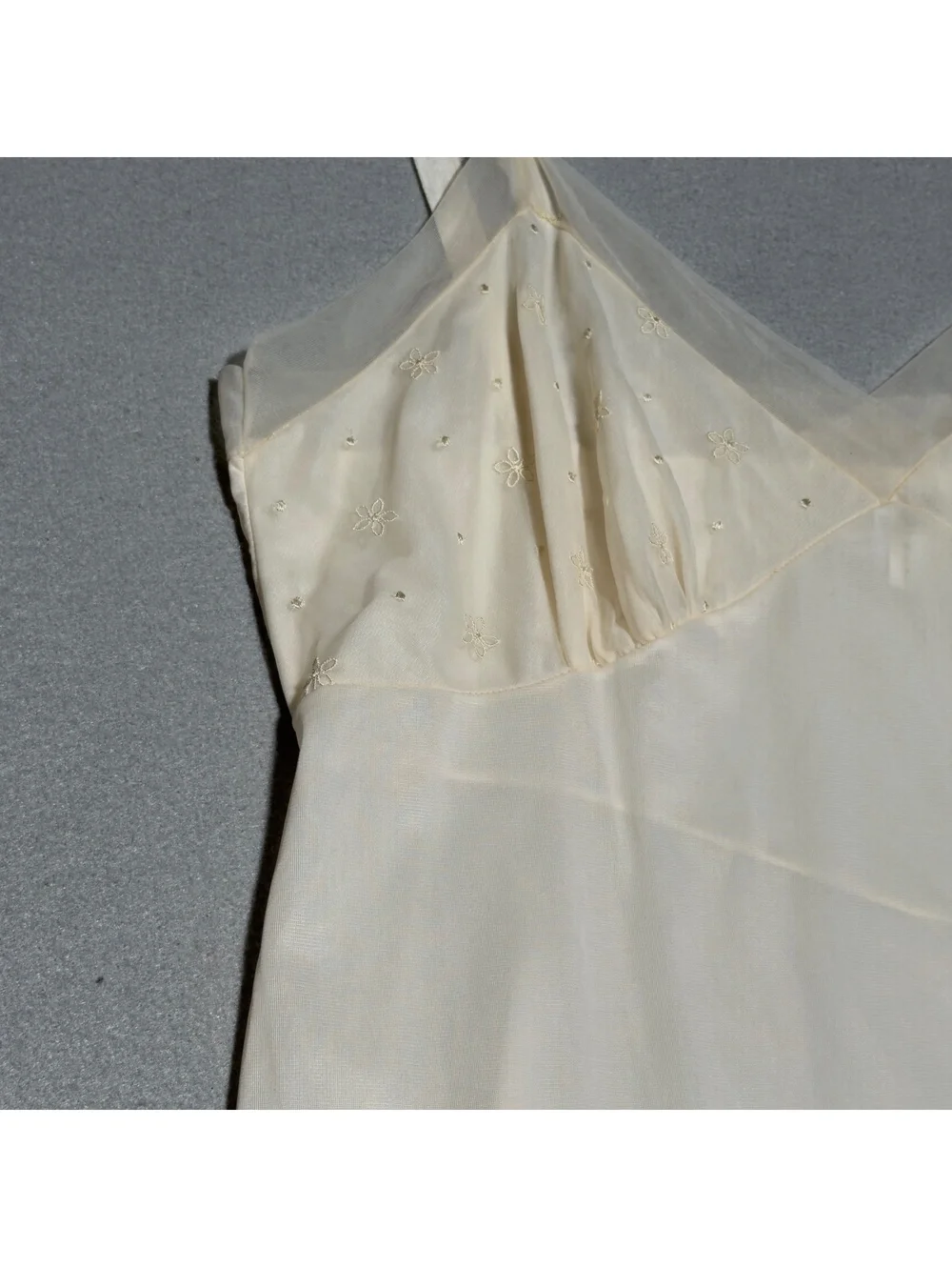 Vintage Ivory Nylon Slip Dress with Embroidered Hem and Contrast Trim